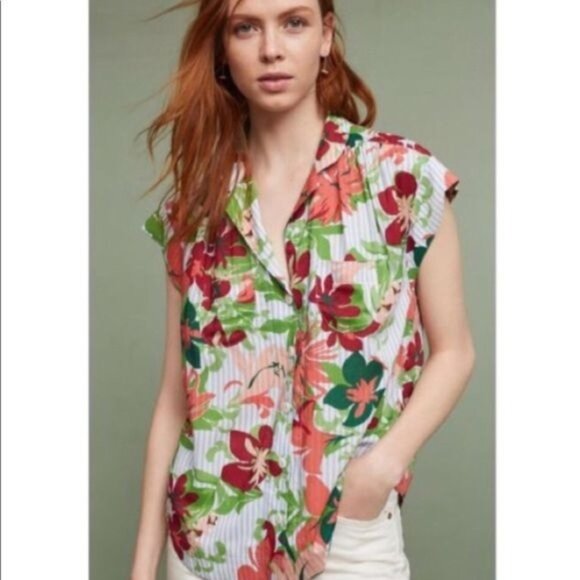 Maeve Tops - MAEVE BLOUSE WOMENS LARGE ANTHROPOLOGIE STRIPE FLORAL BUTTON UP BLUE PINK GREEN
